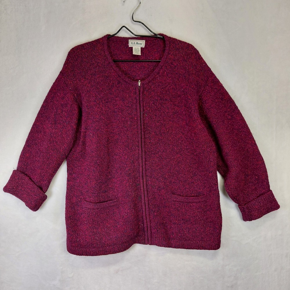 Vintage LL Bean Full Zip Wool Blend Cardigan Sweater Magenta Purple Womens L